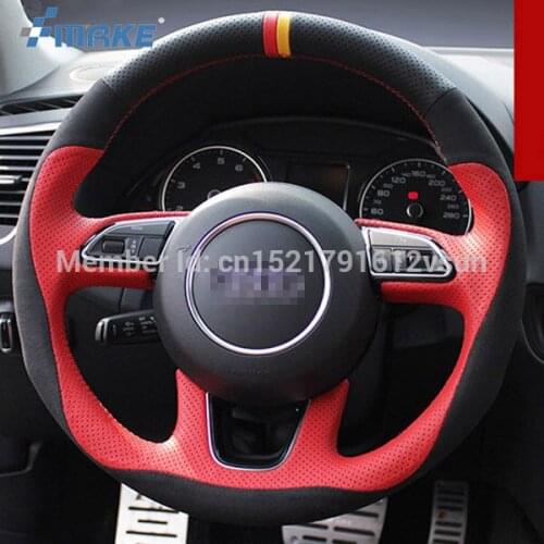For Audi Q5 High Quality Hand-stitched Anti-Slip Red Black Leather Black Suede Red Thread DIY Steering Wheel Cover