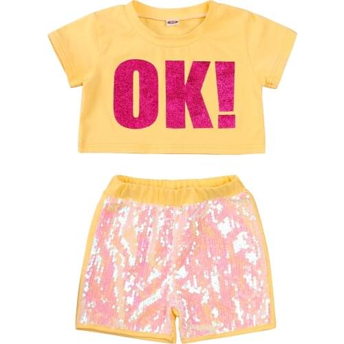 OPPERIAYA Kids Fashion 2-piece Summer Outfit Casual Set Letter Print O-neck T-shirt Sequins Shorts Set for Children Baby Girls