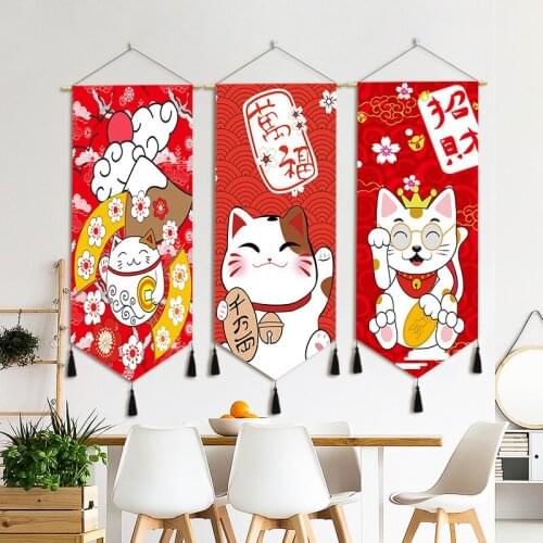 Chinese Red Plutus Cat Hanging Paintings Lucky Cat Cotton Scroll Painting for Restaurant Living Room Corridor Home Wall Decor