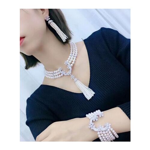 Hand knotted 3-4mm 5-6mm 8-9mm natural white pearl zircon clasp accessory necklace bracelet earrings set fashion jewelry