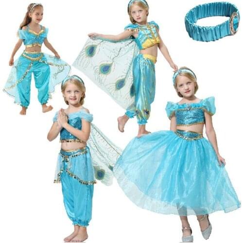 2020 Movie Girls Summer Jasmine Princess cos Dance Dress Children Aladdin Halloween Party Performance Costume Top Skirt Pant Set