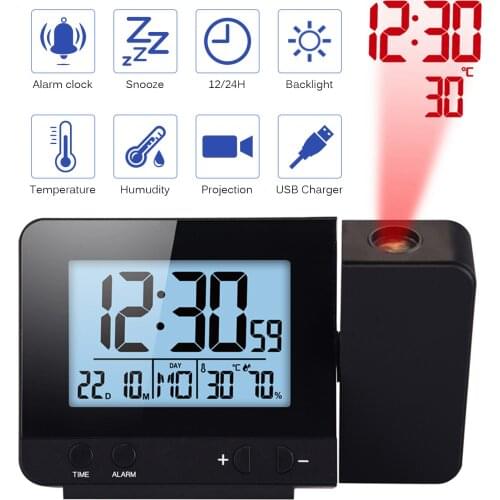 Multifunction Digital Alarm Clock LED Display Mirror Clock Snooze Time Night Table Desktop Projector