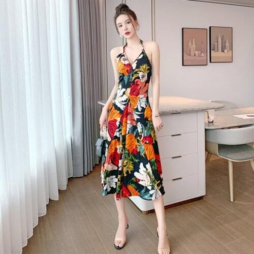 Fashion Summer Korean Vintage Sleeveless Midi Party Dress Ladies Elegant Casual Outfits Sexy Halter Print Beach Vacation Dress