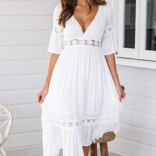 New Elegant White Lace Up Long Sexy Dress Women Summer V-neck Hollow Out Party Bohemian Dress Casual Feminino Dresses Vestidos