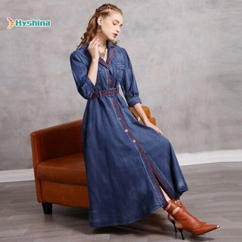 New Embroidery Denim Dress Mid Long Belt Dress