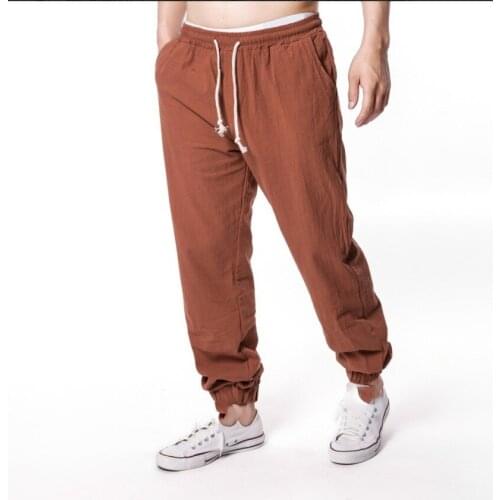 Summer New Linen Cotton Pants Mens Casual Loose Solid Color Drawstring Elastic Waist Trousers