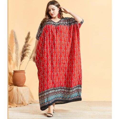 2020 Summer Loose Long Dress V Neck Short Sleeve African Dress Women Ethnic Print Bohemian Maxi Dresses Vestidos Red Oversize
