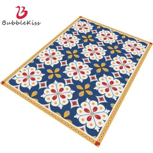 Bubble Kiss Customized Carpets For Living Room Retro Denim Blue Yellow And White Flowers Pattern Rug Home Bedroom Area Floor Mat