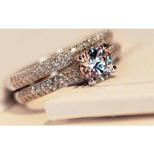 Luxury Female Crystal Bridal Ring Set 2-in-1 Fashion 925 Silver Wedding Band Jewelry Promise Love Engagement Rings For Women