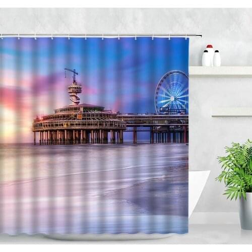 Modern Building Night View Shower Curtains Ocean Beach Ferris Wheel Sunset Scenery Waterproof Fabric Bathroom Decor Curtain Set