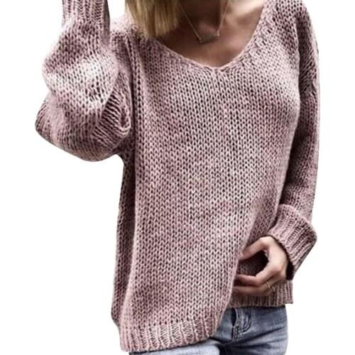 Ele-choices Casual Women Loose Solid Color Knitted Sweater V Neck Long Sleeve Jumper Top