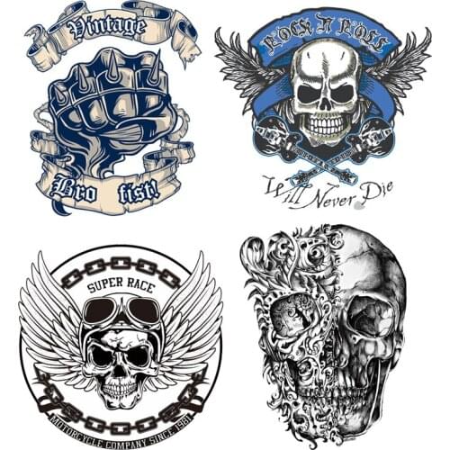 Heat Transfer Vinyl Punk Rock Patch Stickers for Clothing DIY T-shirt Dresses Applique Iron-on Transfers Skull Letter Patches