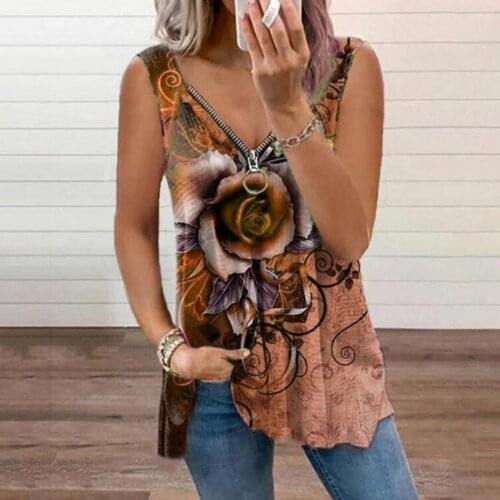 Tops for women fashion Summer women Vest Rose Print Zipper Summer Loose Sleeveless V Neck Top for Dating Light Blue xxxxl