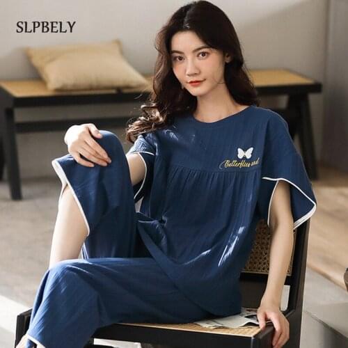 SLPBELY Womens Pajamas Pyjamas Set Summer Cartoon Butterfly O Neck Short Sleeve Sleepwear Homewear Nightwear Nightsuit Pijama