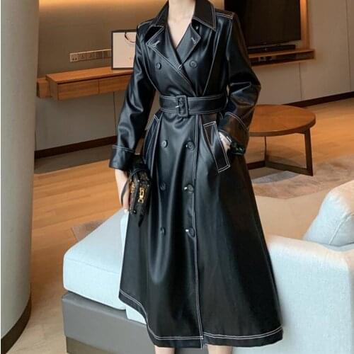 2020 spring autumn fashion pu leather trench coat women double breasted slim belted long