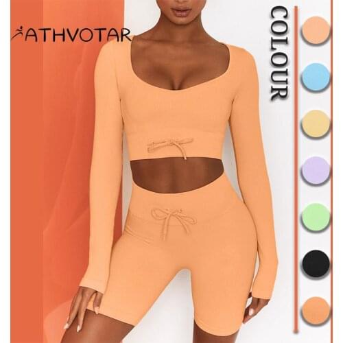 ATHVOTAR Fitness Seamless 3 Piece Suit Women Knitted Long Sleeve Sexy Sport Top Set Outdoor Running Waist Straps Yoga Sportswear