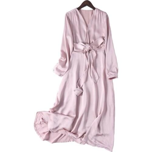 Womens 2020 New Temperament Elegant Spring Dress Women Satin Bright Silk Mature Lady Vestidos Mujer Fashion V-neck Dresses Z891