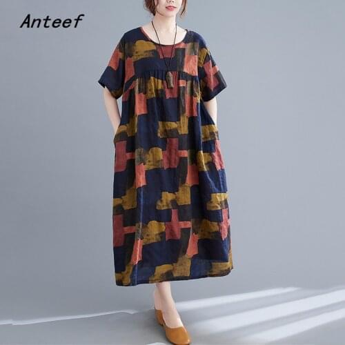 Short sleeve cotton vintage floral dresses for women casual loose long woman summer dress elegant clothes 2021