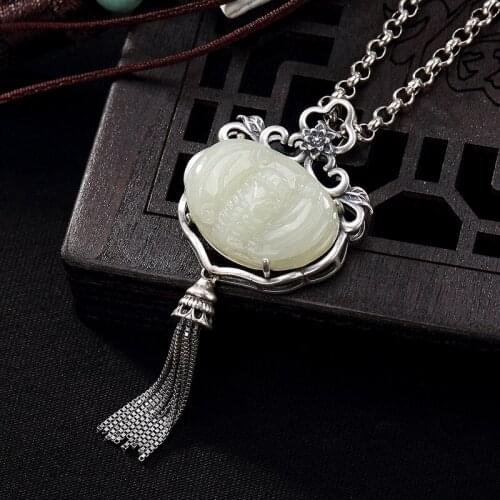 2018 Hot Sale Ammonite,ammolite New S925 Pure Inlay Hetian Bai Yufu Here Bat Tassel Female Wholesale Sweater Chain Pendant