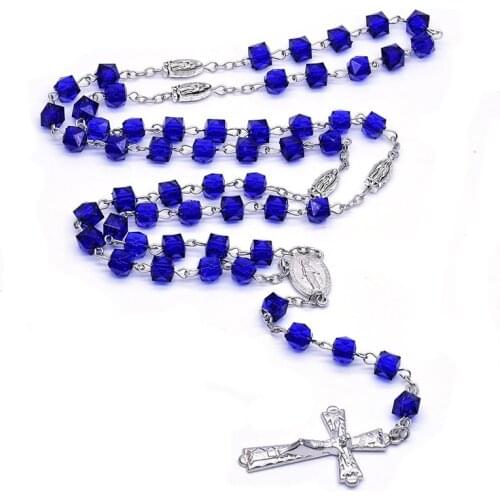 Catholic Rosary Square Blue Glass Beads Necklace Virgin Mary Jesus Handmade Jewelry For Men And Women 2020 New
