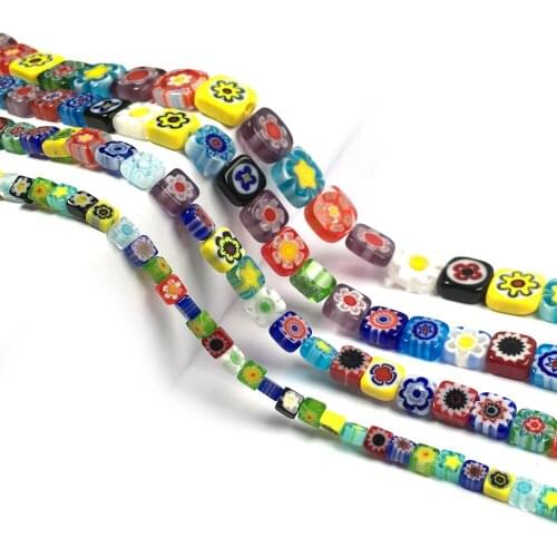 4/6/810mm Flower Patterns Square Glazed Glass Beads Loose Spacer Glass Beads for Charms Jewelry Making DIY Necklace Bracelet