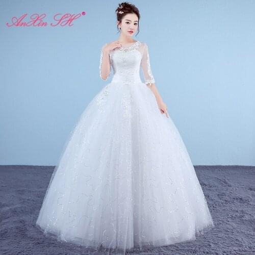 AnXin SH princess white flower lace wedding dress vintage party o neck half sleeve ball gown sparkly red lace wedding dress