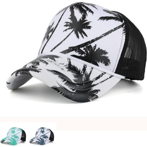 Men Coconut Trees Printing Mesh Baseball Caps Hip-Hop Trucker Unisex Outdoor Sport Sun Hat Women Breathable Snapback Adjust Hat