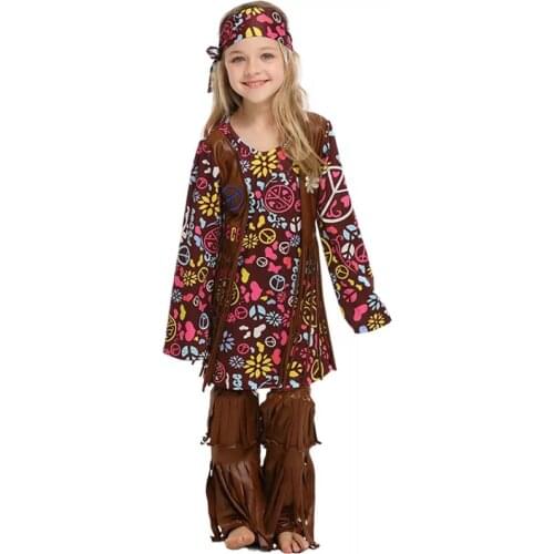Kids Girls Halloween 60s 70s Vintage Hippie Fringe Floral Costume Dress Child Indian Native Hippy Funny Clothes For Baby Toddler