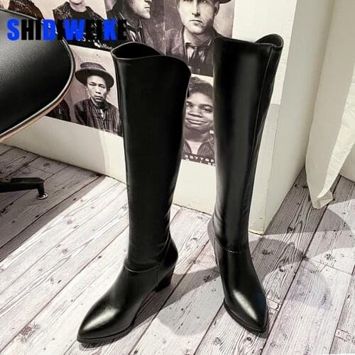 Western Boots Women Knee High Cowboy Boots Fashion Pointed Toe Sewing Shoes Female High Heels Thick Shoes Ladies Autumn AB792