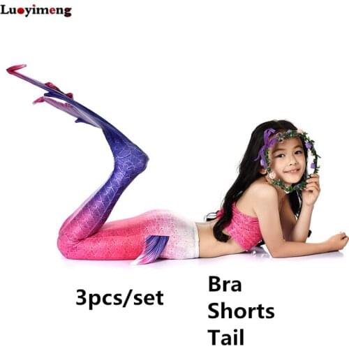 Summer 3pcs Set Swimmable Mermaid Tail Swimsuit Cosplay Kids Baby Swimming Wear Monofin Girls Bra Shorts Swimming Dress Bathing