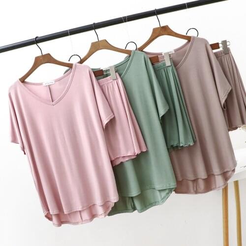 MODAL SHORT-SLEEVED T-SHIRT WOMENS V-NECK BOTTOMING SHIRT PLUS FAT TO INCREASE LOOSE LARGE VERSION HALF-SLEEVED SOLID COLOR TOP