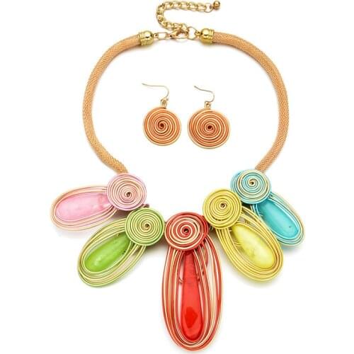 Fashion Women Jewelry Sets 5 Styles Avaiable Copper Wire Twine Rhinestone Glass Acrylic Pendants Choker Neckalce Drop Earrings