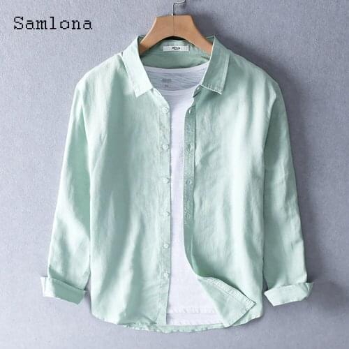 Samlona Long Sleeve Men Blouse Single Breasted Linen Tops Sexy Mens clothing 2021 Summer Casual Shirt blusas Plus Size S-4XL