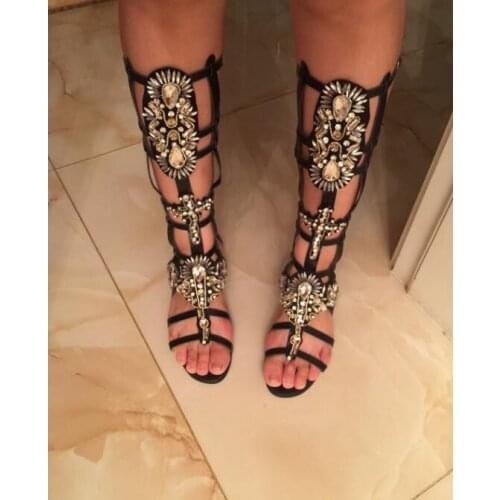 2017 newest handmade crystal embellished knee high boots open toe cutouts gladiator sandal boots luxury rhinestones long boots