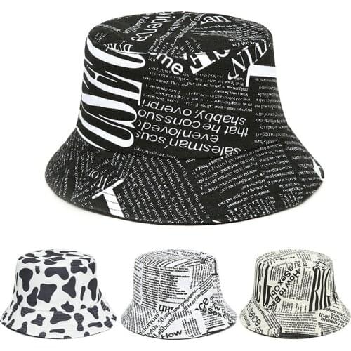 2021 New Newspaper Pattern Fisherman Hat Korean Version English Alphabet Graffiti Big Brim Bucket Hat Sunshade Hat For Women