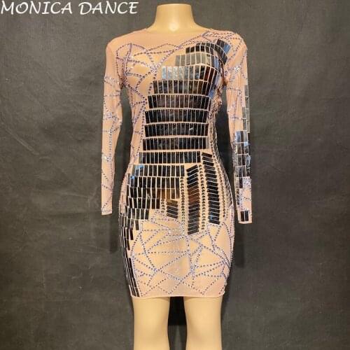 Sexy Sparkly Silver Mirrors Dress See Through Perspective One-piece Dress Party Birthday Celebrate Costume Singer Dance Dress