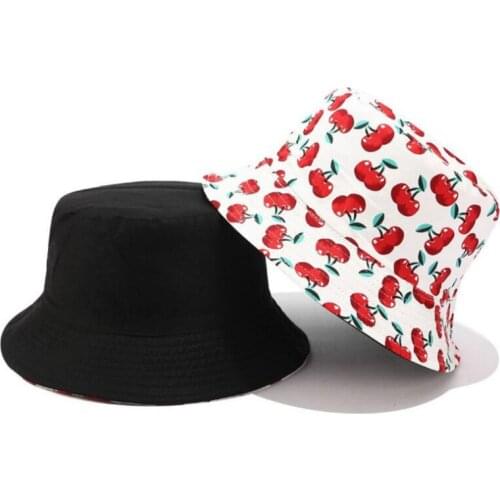 Printed Cherry Reversible Bucket Hat Hip Hop Cotton Fruit Fishing Cap Summer Fishermen Panama Outdoor Men Sun Hat K Pop Sunhat