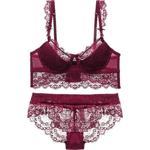 Plus Size Sexy Lace Bra and Panties Set For Women E cup Underwired Plunge Light Padded Lace Trim Underwear Women Lingerie set