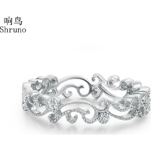 Shruno 0.1ct Natural Diamonds Ring Solid 14K White Gold Filigree Vintage Trendy Fine Jewelry Band Ring