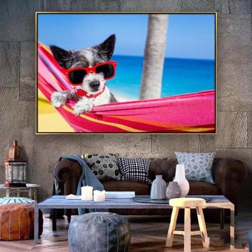 Modern wall art humorous dog sunglasses giclee canvas poster printed animal ocean home decor bedroom living room