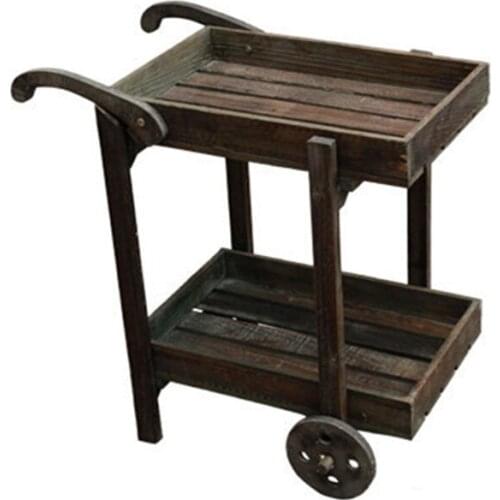American-Style Village Style Solid Wood Garden Decoration Antique Log with Flowerpot Trolley 2-Layer Flower Stand