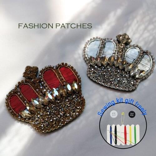 1pc indian silk crown embroidered beaded Patches for Clothing sew on rhinestone parches Appliques Decoration Badge parches ropa