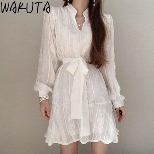 WAKUTA Elegant Long Lantern Sleeve White Black Mini Dress Lace Up Slim Waist Vintage 2021 Office Lady Korean V Neck Pure Dresses