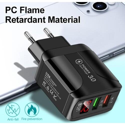 QC 3.0 USB Charger EU US UK 2 Ports LED Display Smart Mobile Phone Charging Plug Fast Charging Wall Charger Travel Adapter