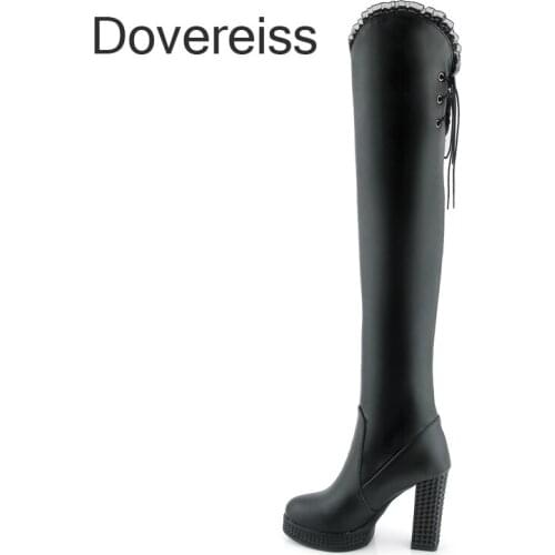 Winter Woman Fashion New Consice Shoes Platform Pure Color White Block Heels Sling Back Female Over The Knee Boots Big Size 43