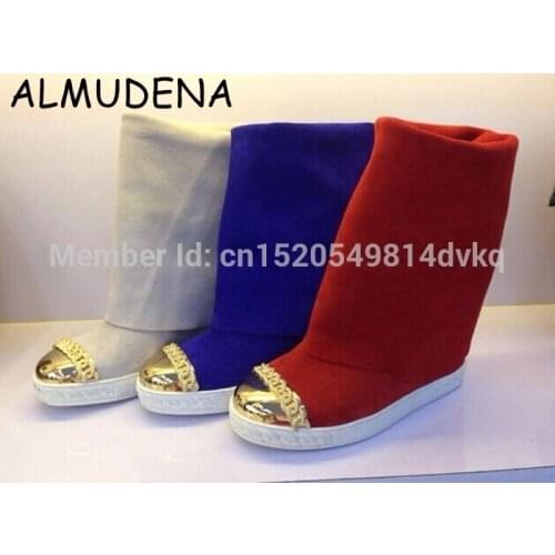 Lady Metal Golden Chains Wedge Platform Knee High Boots Slip-on Fashion Woman Sexy Height Increasing Motorcycle Boots Shoes