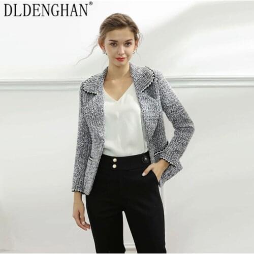 DLINGHAN Fashion Plaid Tweed Jacket Womens Long Sleeve Turn-Down Collar Single Button Outwear Autumn Winter New