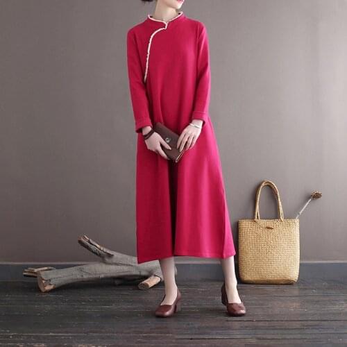 Women Spring Autumn Dress Ladies Loose Stand Collar Knit Dress Female Qipao Dress 2021