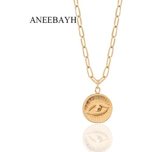 Vintage Stainless Steel Gold Round Pendant Necklace For Women Thick Chain Woman Eye Charm Collar Necklaces Jewelry 2021 Trend