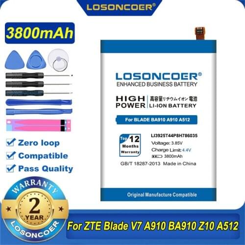 100% Original LOSONCOER LI3925T44P8H786035 3800mAh Battery For ZTE Blade BA910 V7 A910 Z10 A512 Xiaoxian 4 BV0701